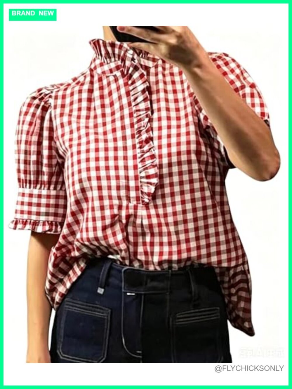 Plaid Puff Short Sleeve Ruffle Button Down Blouse